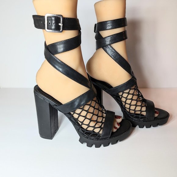 Cape Robbin Black Netted Strappy Chunky High Heels - Picture 2 of 13